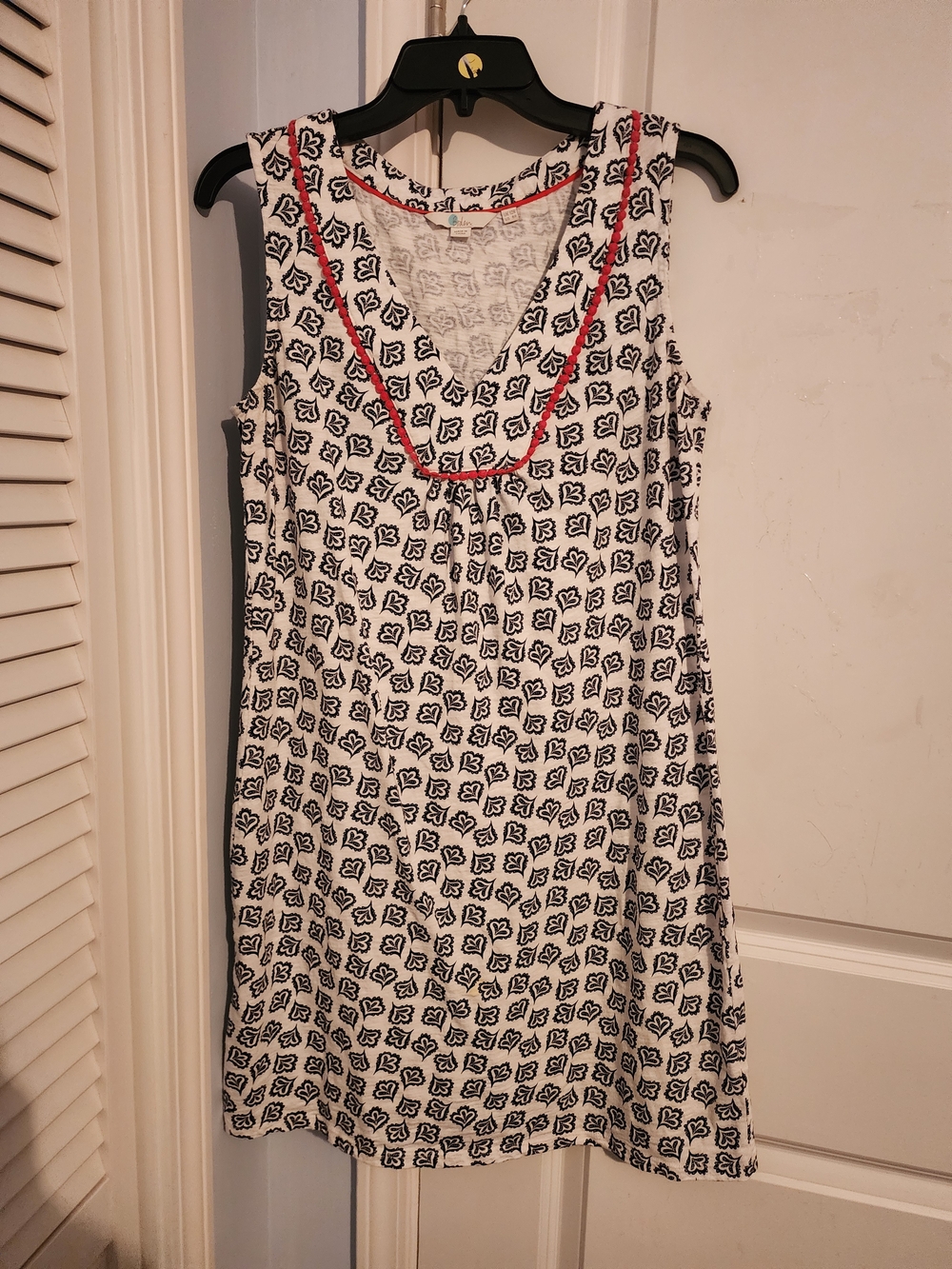 Boden White & Black Printed Sleeveless Midi Dress with Red Trim